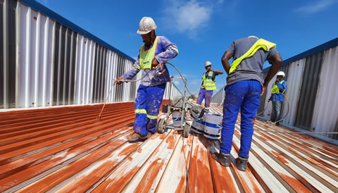 Our roof painting team working safely on a metal roof